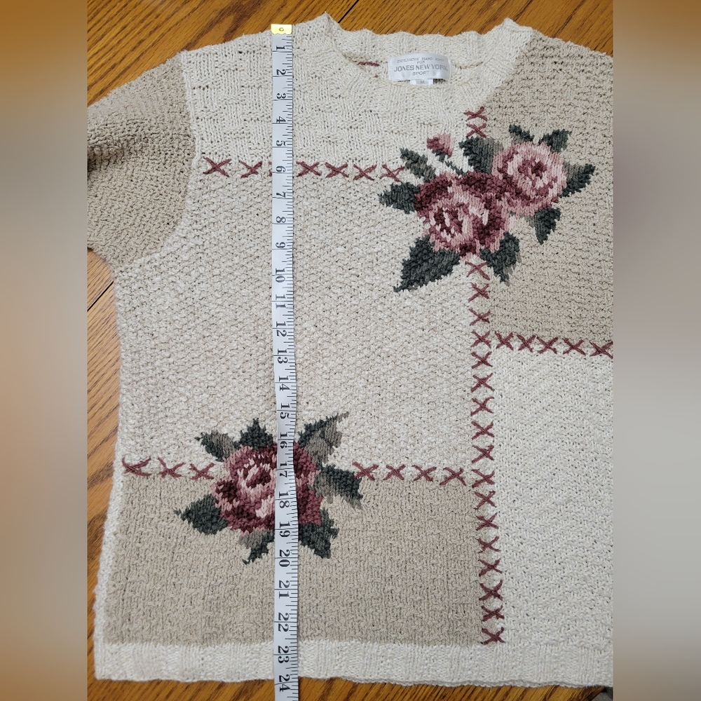 Vintage 90s Jones New York Hand Knit Floral Cottagecore Sweater Ramie Linen Med - Picture 7 of 7
